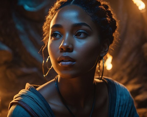 Young woman in contemplation with dramatic flames background