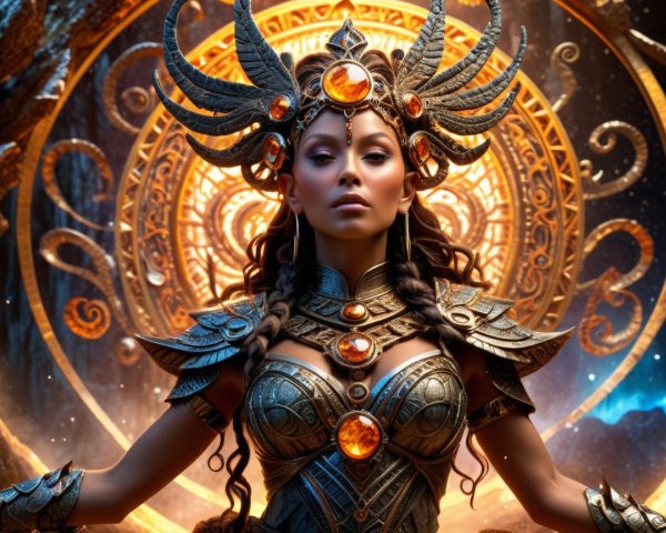 Mythical Figure in Ornate Armor and Majestic Headdress