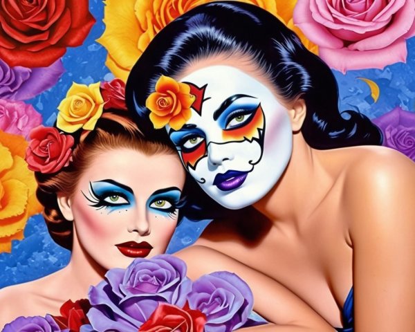 Women with Bold and Dramatic Makeup Surrounded by Roses