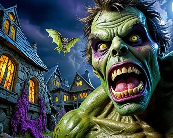 Monstrous Green Creature Before Gothic Mansion at Night