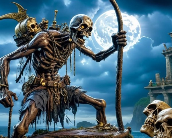 Menacing skeleton with staff and scythe on rocky terrain