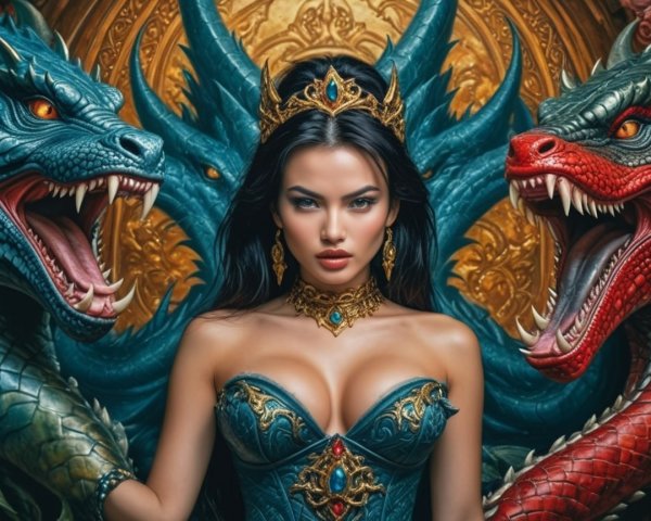 Regal Woman with Dragons in Ornate Gown and Crown