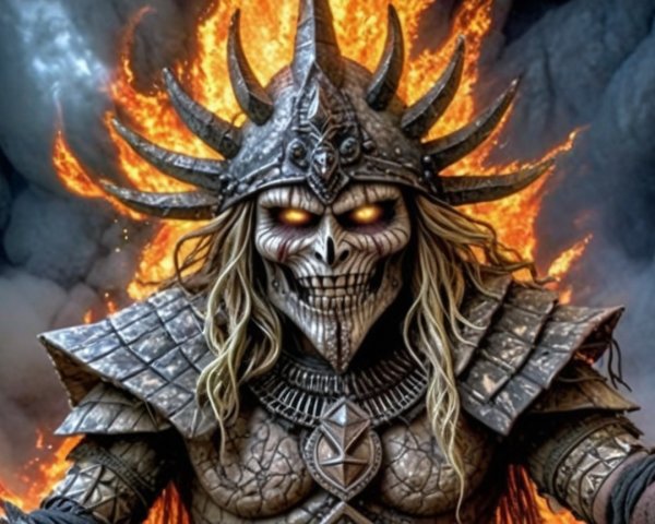Fierce Skeletal Figure in Ornate Armor with Flames