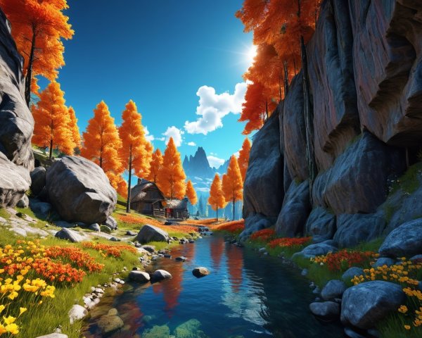 Vibrant Landscape with River, Mountains, and Cabin