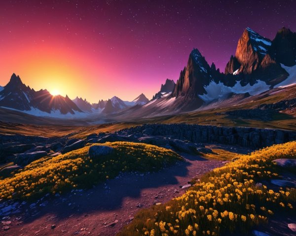Sunset Landscape with Mountains and Blooming Flowers