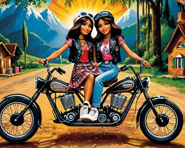 Stylish Dolls on Motorcycle in Scenic Landscape