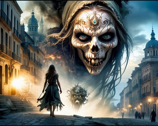 Twilight Scene with Figure and Monstrous Skull