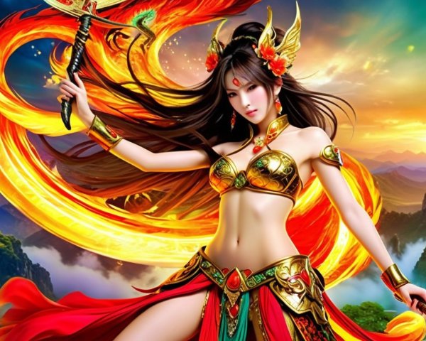 Fierce Warrior in Golden Armor Against Flames and Mountains