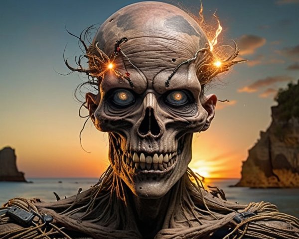 Skeletal Figure with Glowing Eyes at Sunset Cliffs
