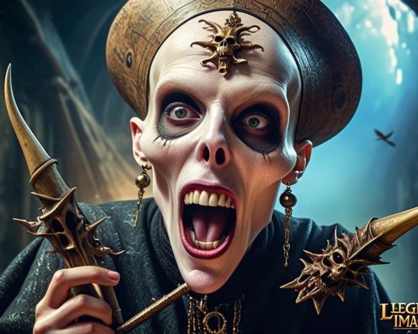 Skeletal Character in Dark Ornate Attire with Skulls