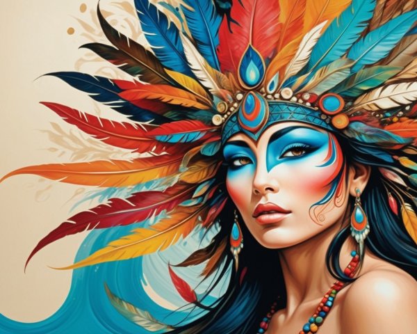 Vibrant Woman with Feathered Headdress and Tribal Makeup