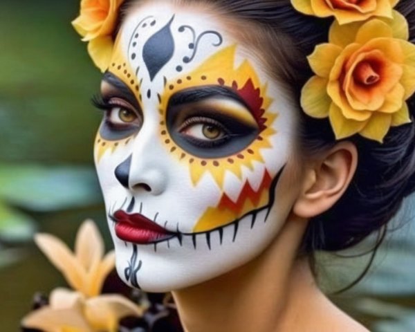 Woman with Skull Makeup and Floral Crown in Nature