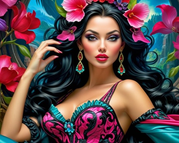 Stunning Woman with Black Hair and Colorful Dress