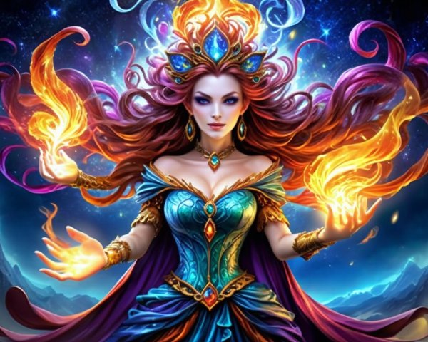 Majestic sorceress conjuring fire in a starry backdrop