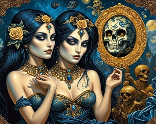 Twin Sisters in Elegant Gowns with Cosmic Background