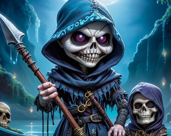 Cartoonish figure in cloak with glowing red eyes