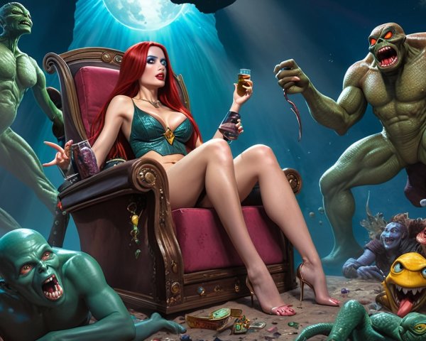 Woman with Red Hair on Throne Surrounded by Creatures