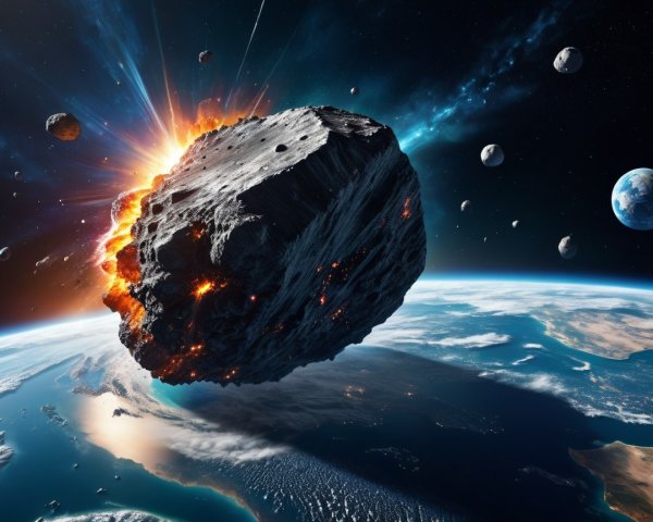 Colossal Asteroid with Flames Near Earth in Space