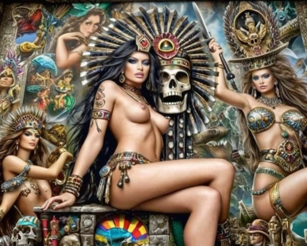 Fantasy Scene with Four Powerful Women in Costumes