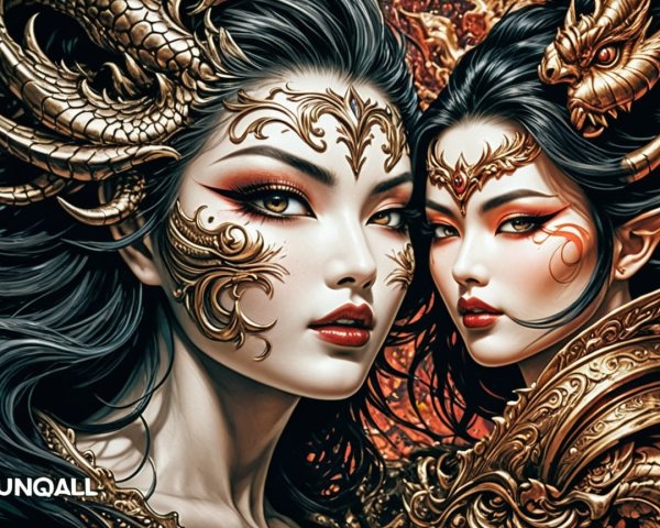 Female Figures with Gold and Red Patterns in Fantasy Theme