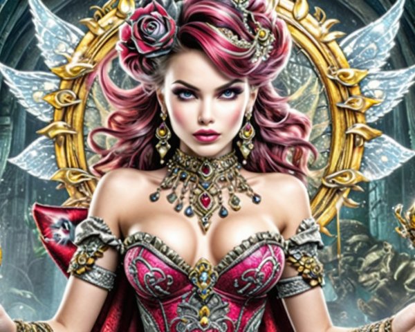Regal Woman with Pink Hair in Fantasy Art Setting