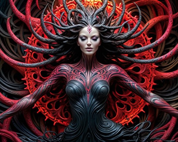 Striking figure with tattoos and dark fluid costume