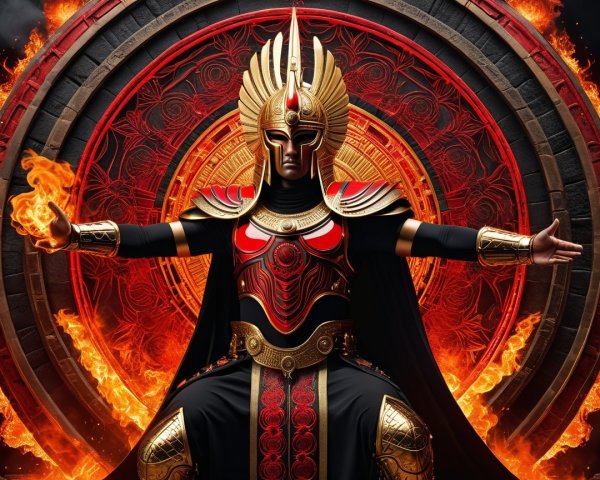 Fantasy Warrior on Throne with Fiery Background