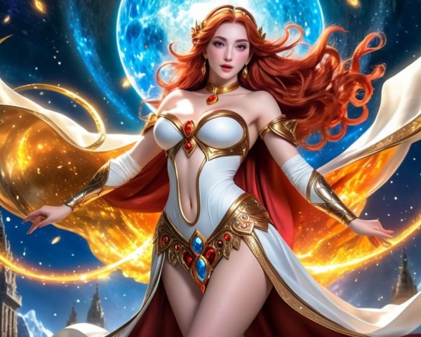 Ethereal Figure in Cosmic Setting with Moons