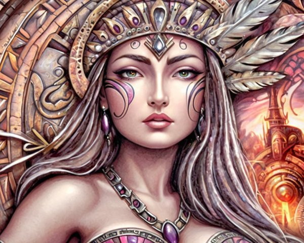 Female figure in tribal jewelry with ornate background
