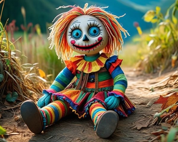 Whimsical Doll in Colorful Dress Surrounded by Nature