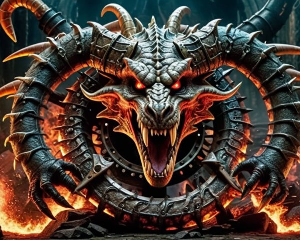 Dragon Head with Metallic Structure in Fiery Landscape