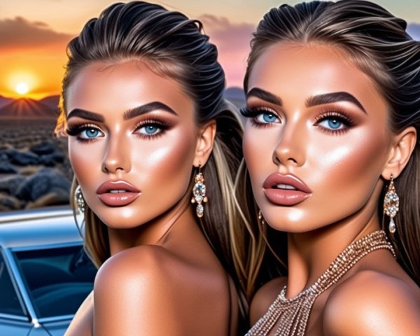 Glamorous Women Against Sunset with Vintage Car