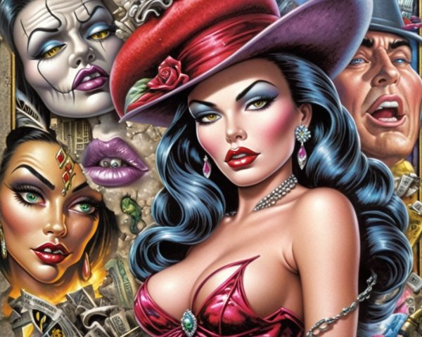 Glamorous Woman in Wide-Brimmed Hat with Characters