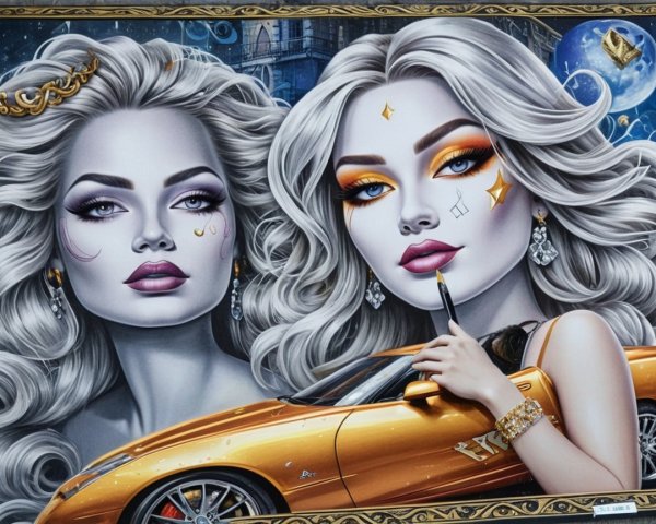 Vibrant Artwork of Stylish Women in Glamorous Setting