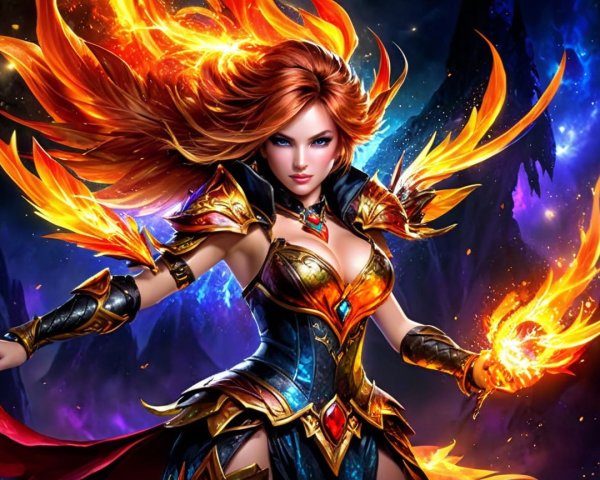 Fierce Female Warrior with Fiery Hair and Magic Flames