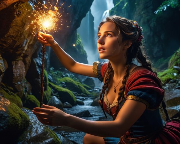 Young woman with glowing spark in mystical forest