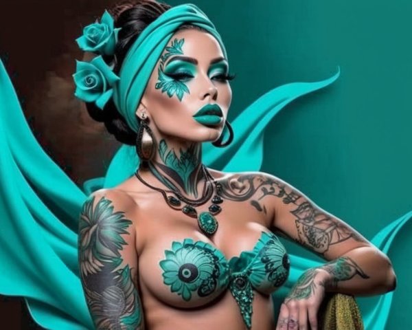 Vibrant Turquoise Figure with Intricate Tattoos and Wrap