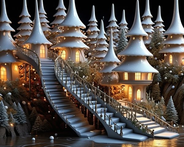Whimsical 3D Render of a Magical Winter Village