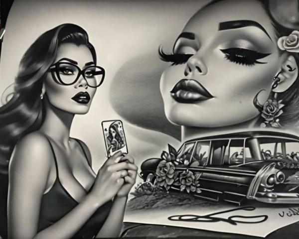 Black-and-white mural of glamorous women and vintage car
