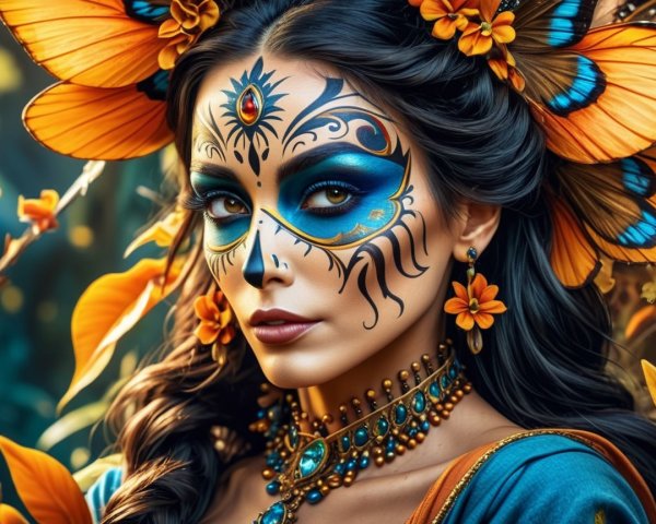 Woman with Blue and Black Face Paint Surrounded by Butterflies