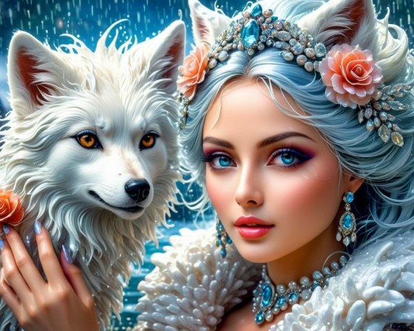 Enchanting Woman with Blue Hair and White Fox