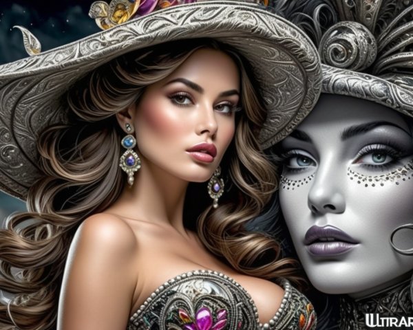 Two Women in Ornate Headwear with Mystical Backdrop