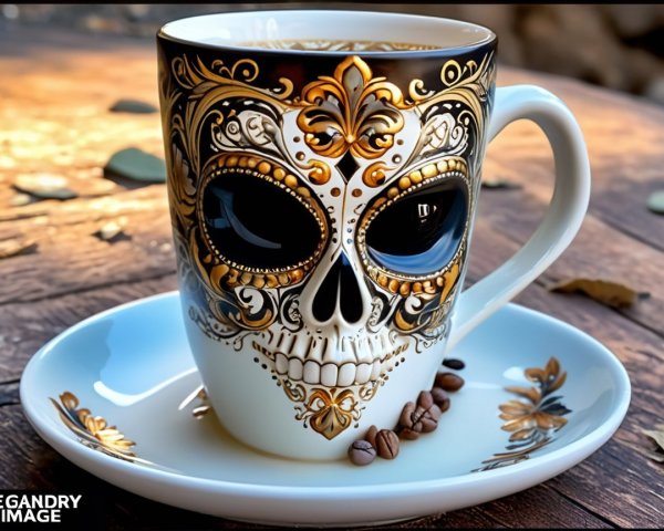 Ceramic Skull Mug with Gold and Black Patterns