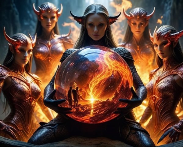 Ethereal Figures and Fiery Landscape in Mystical Setting