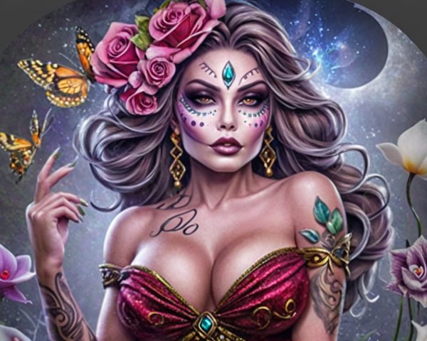 Styled Woman with Flowers, Face Paint, and Butterflies