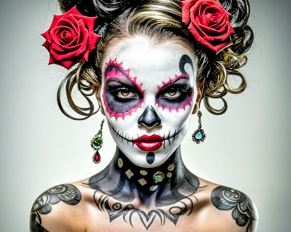 Vibrant Day of the Dead Portrait with Intricate Makeup