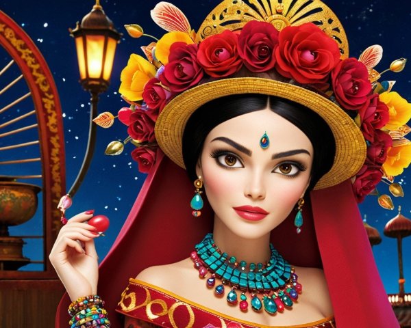 Adorned Woman in Vibrant Outfit Against Starry Sky