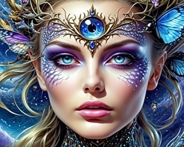 Mystical Woman with Blue Eyes and Cosmic Backdrop