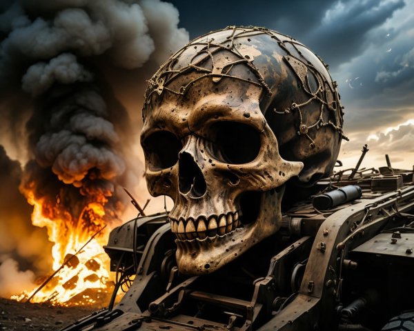 Metallic Skull Surrounded by Smoke and Flames
