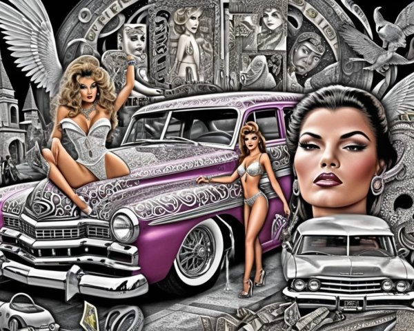Artistic Collage of Glamorous Women and Classic Cars